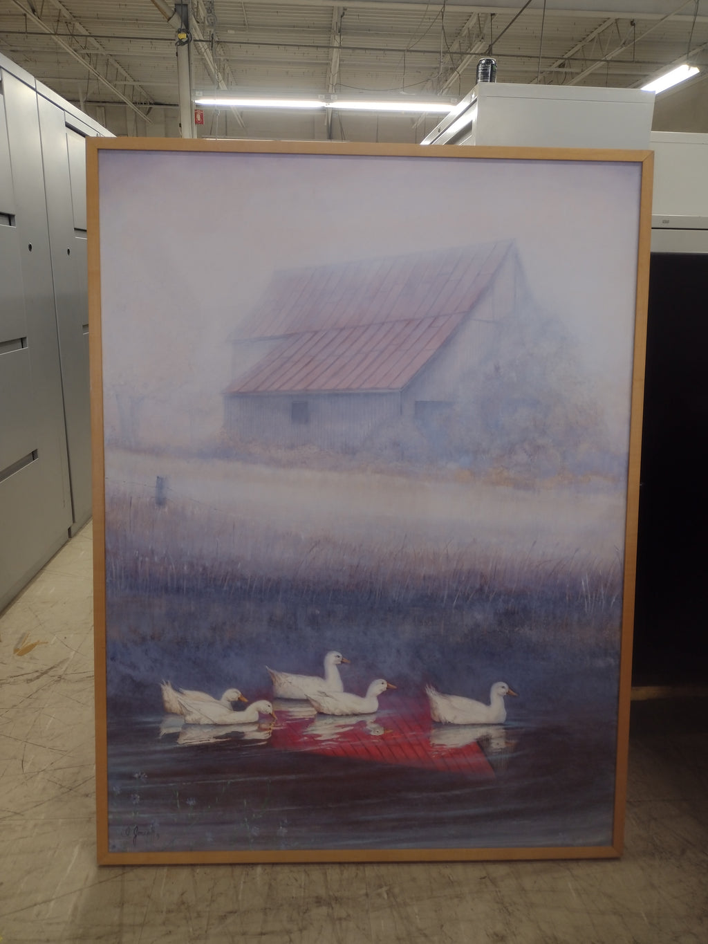 Oil painting of ducks with a barn in the background: 41"(H) x 31"(W)