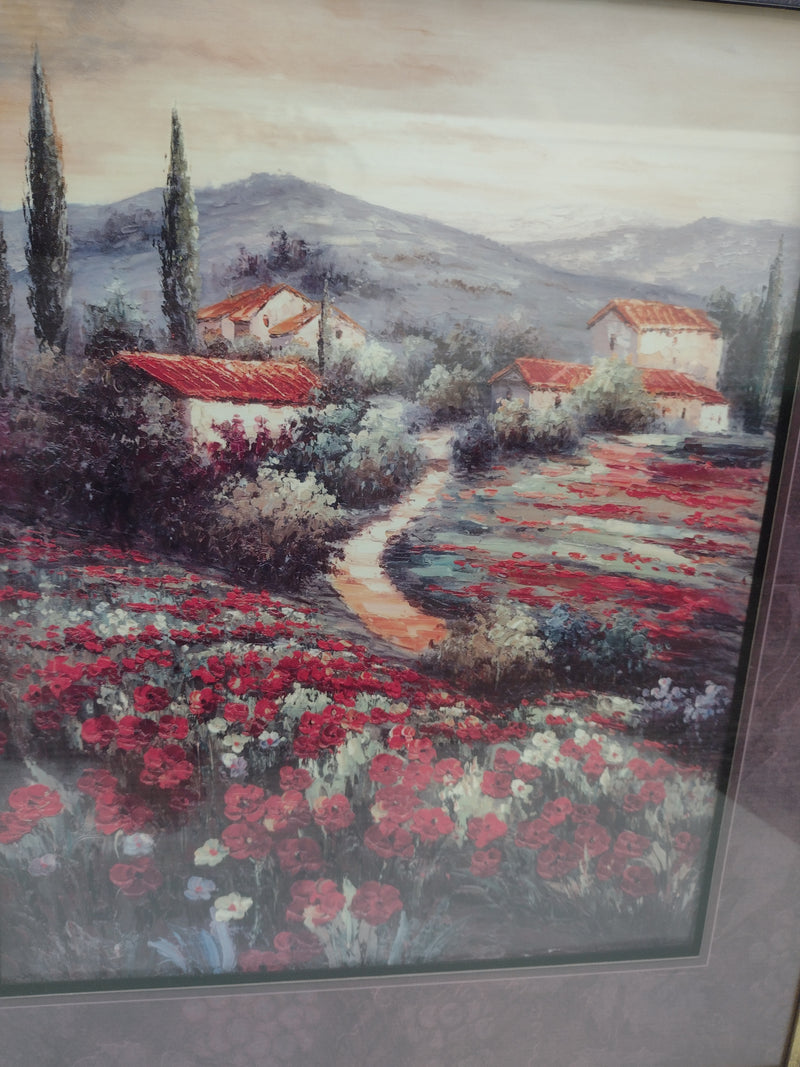 Painting of red flower field with a village in the background: 32"(H) x 26"(W)