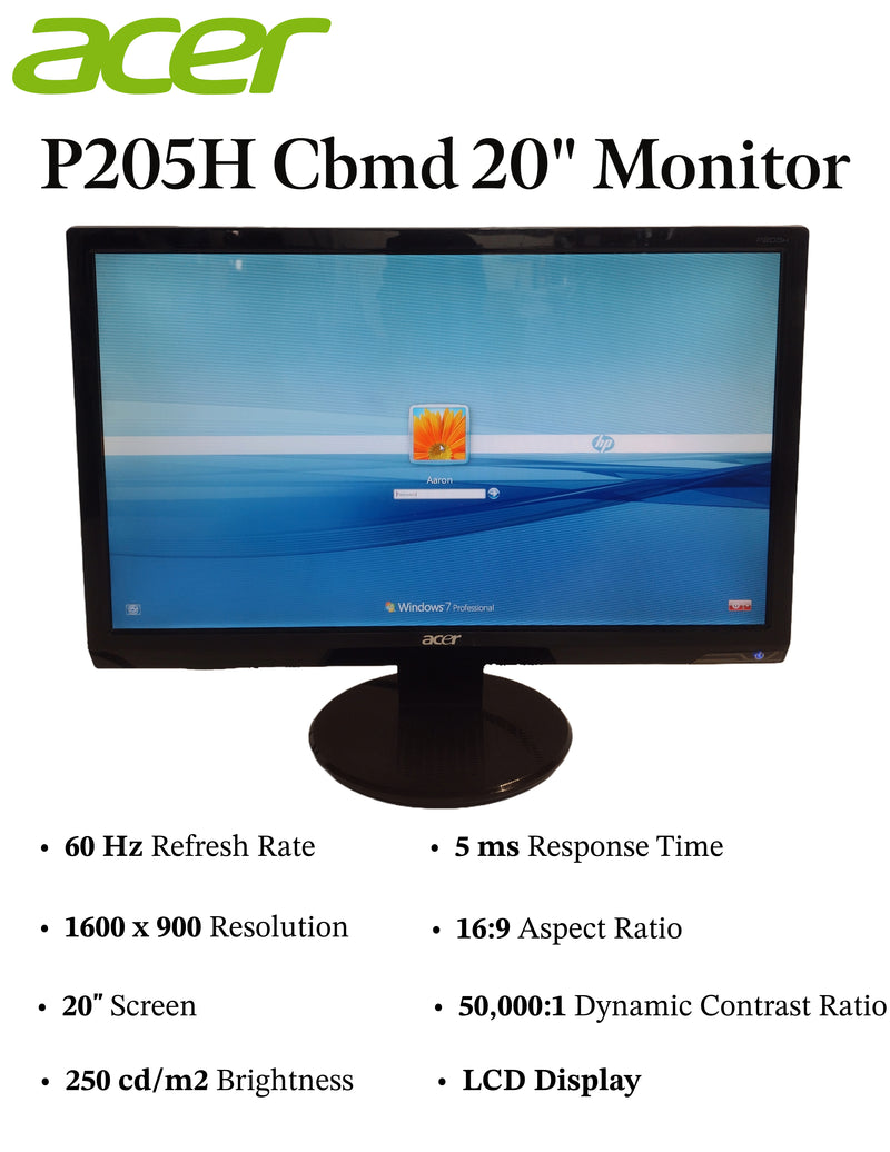Acer, Pre-Owned 20" Monitor P205H Cbmd 1600 x 900 Widescreen, Local Pickup Only