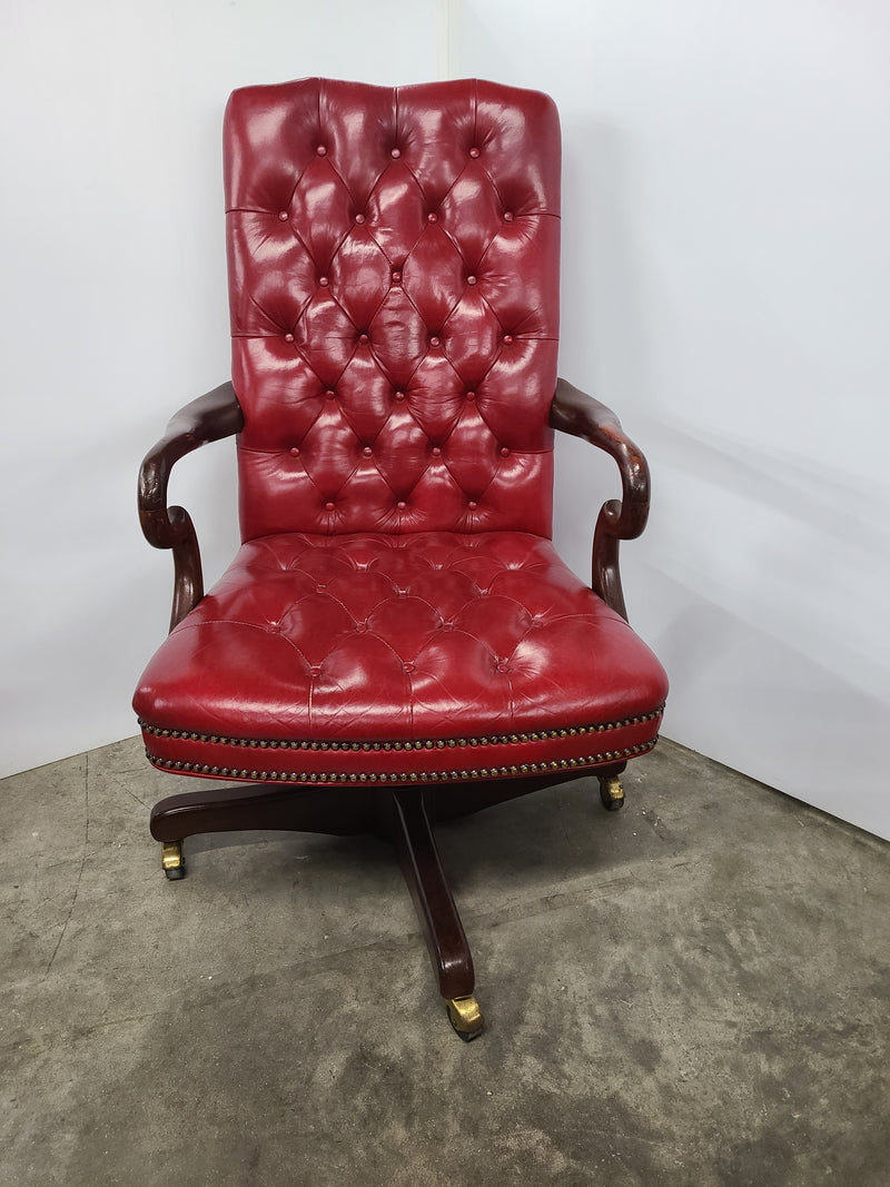 Pre-Owned High Back Antique Executive Swivel in Red Leather with Dark Walnut Frame