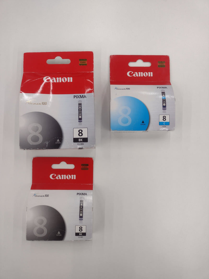 NEW Set of 3 Canon 8 Pixma Black (CLI-8BK) and Cyan (CLI-8C) Ink Cartridges
