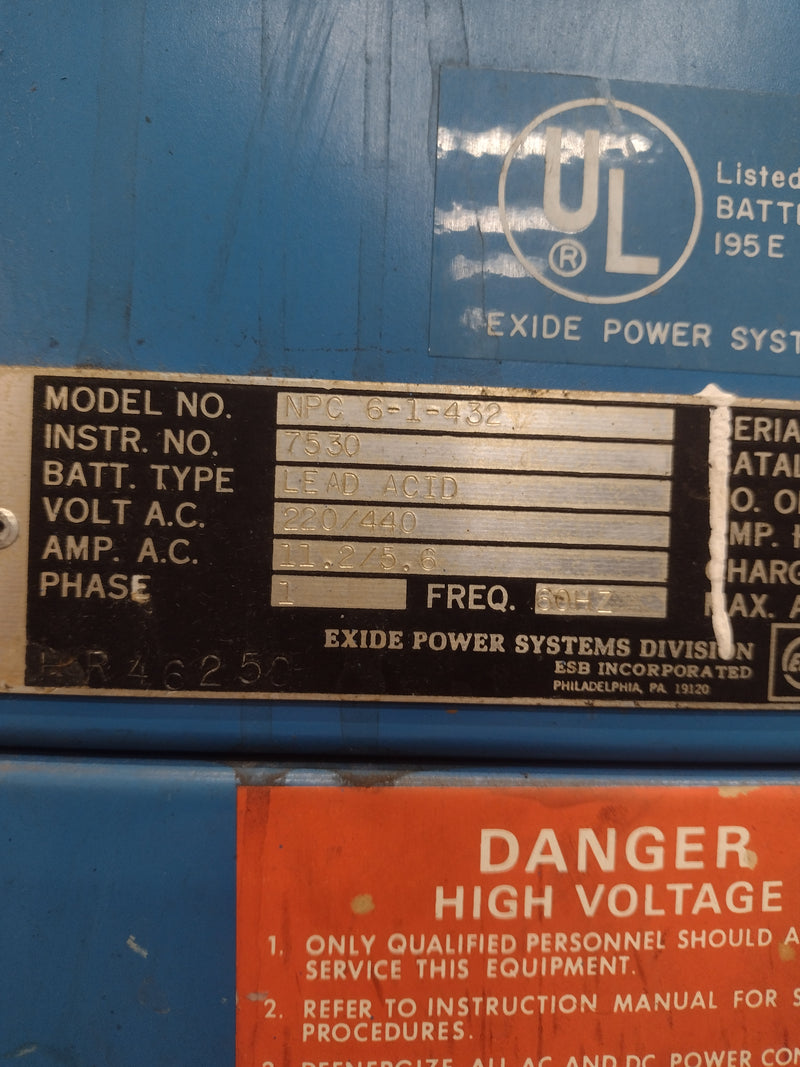 Exide NPC (6-1-432) 12 Volt 6 Cell 1 Phase Forklift Battery Charger (w/pallet)