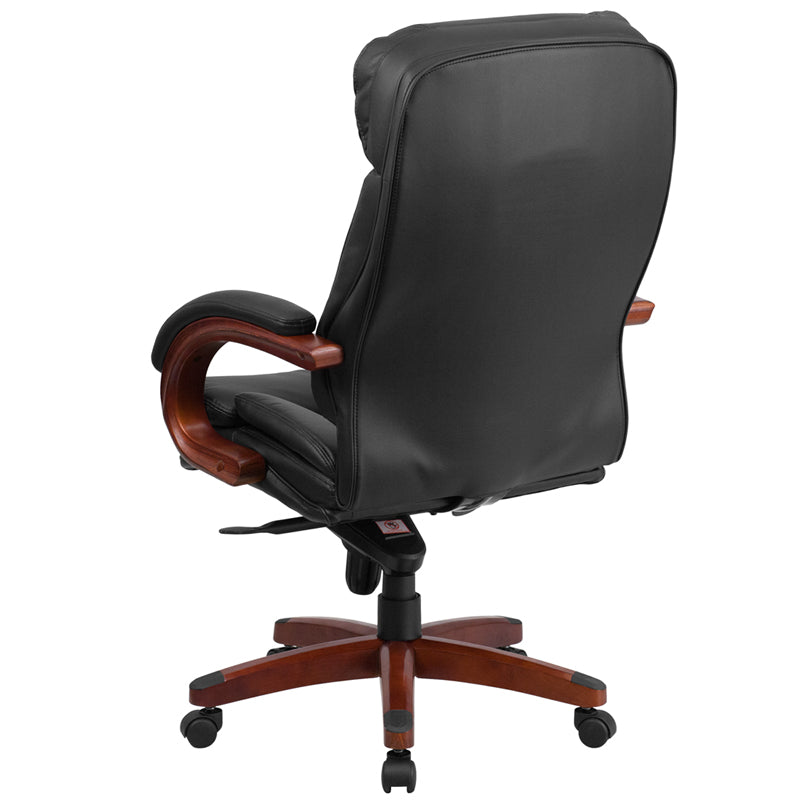 High Back, Black, LeatherSoft, Executive Ergonomic Office Chair with Wood Base & Arms