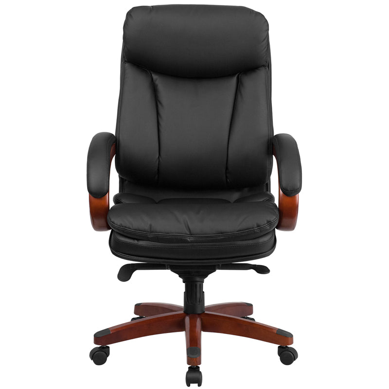 High Back, Black, LeatherSoft, Executive Ergonomic Office Chair with Wood Base & Arms