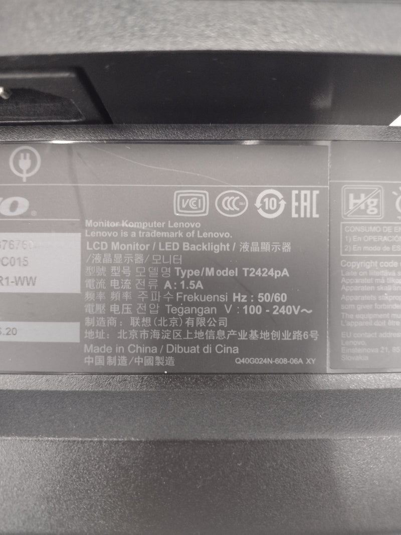 Lenovo ThinkVision T2424pA 24" 1920 x 1080 FHD LED Backlit LCD Monitor