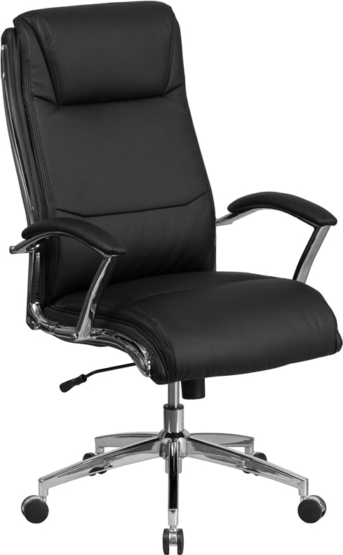 High Back Designer Black LeatherSoft Smooth Upholstered Executive Swivel Office Chair with Chrome Base and Arms