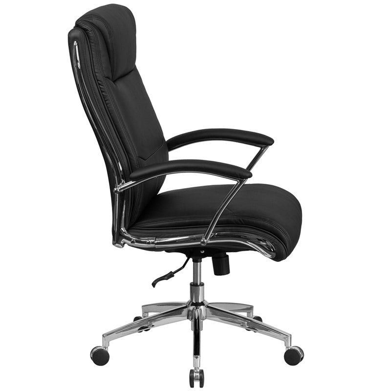 High Back Designer Black LeatherSoft Smooth Upholstered Executive Swivel Office Chair with Chrome Base and Arms