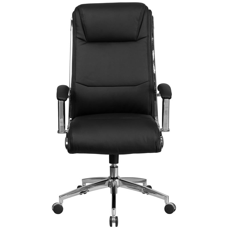 High Back Designer Black LeatherSoft Smooth Upholstered Executive Swivel Office Chair with Chrome Base and Arms