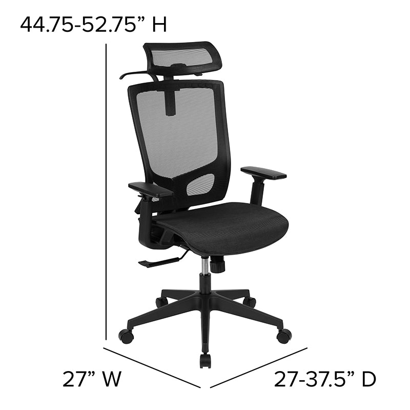 Ergonomic Mesh Office Chair with Synchro-Tilt, Pivot Adjustable Headrest, Lumbar Support, Coat Hanger and Adjustable Arms in Black