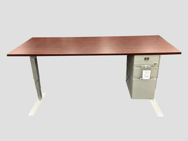 New - Electric Sit-Stand Desk - Home Office Grade, Mahogany Surface -Silver Base - (Price Without Hanging File) - 30"D x 72"W