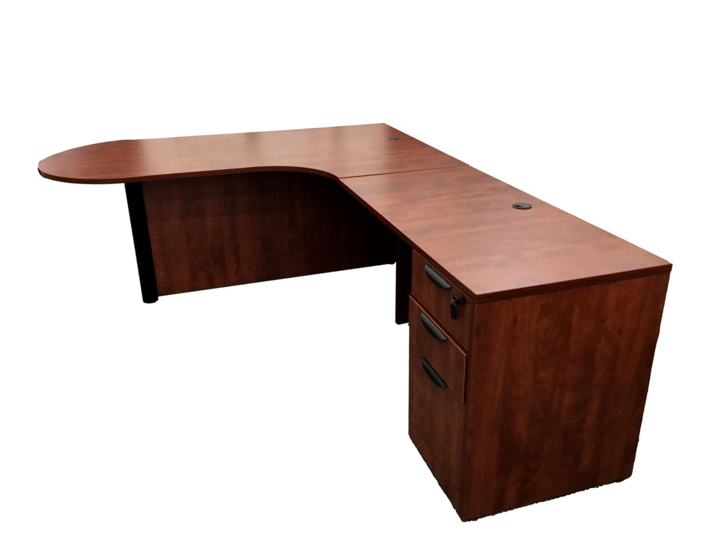 Office Source Bullet w/Corner Extension and Right Hand Return with 3-Drawer Pedestal - 71" x 89"