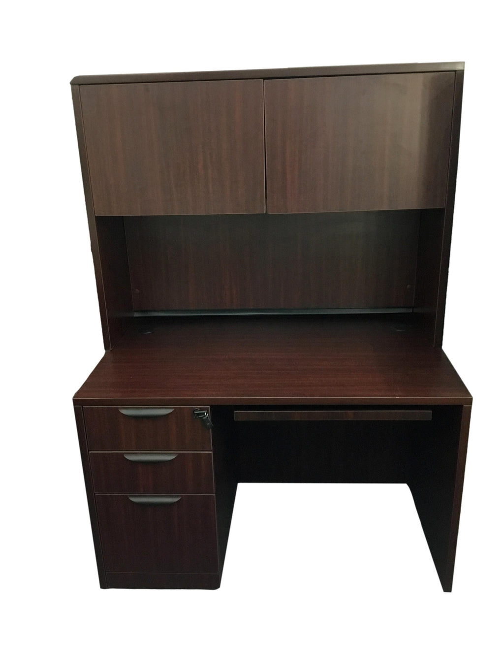 Office Source Mahogany Laminate Straight Desk With Hutch - Pedestal File - Keyboard Tray - 30"D x 48"W