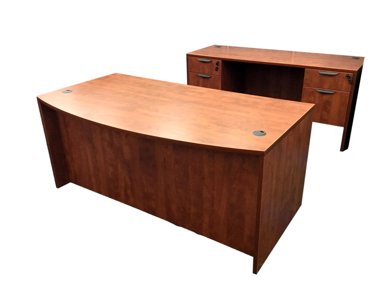 OfficeSource Laminate Bow Front Desk With Credenza in 2 Sizes and 7 Finishes