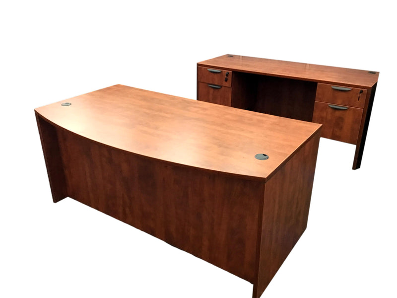 OfficeSource Laminate Bow Front Desk With Credenza in 2 Sizes and 7 Finishes