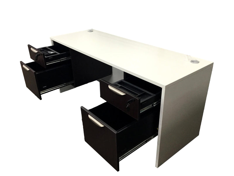 Office Source Double 3/4 File Desk 71" x 30" in White w/ Espresso