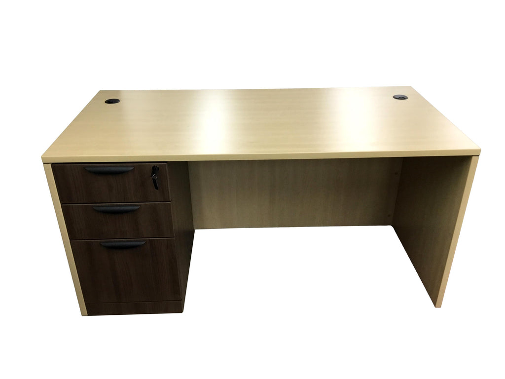 Office Source Single (3 drawer) Full File Desk 60" x 30" in Maple w/ Modern Walnut