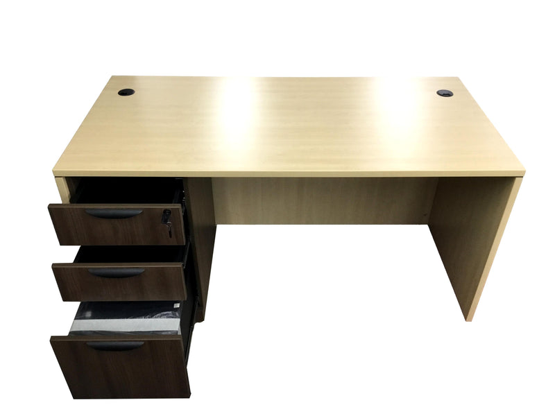 Office Source Single (3 drawer) Full File Desk 60" x 30" in Maple w/ Modern Walnut