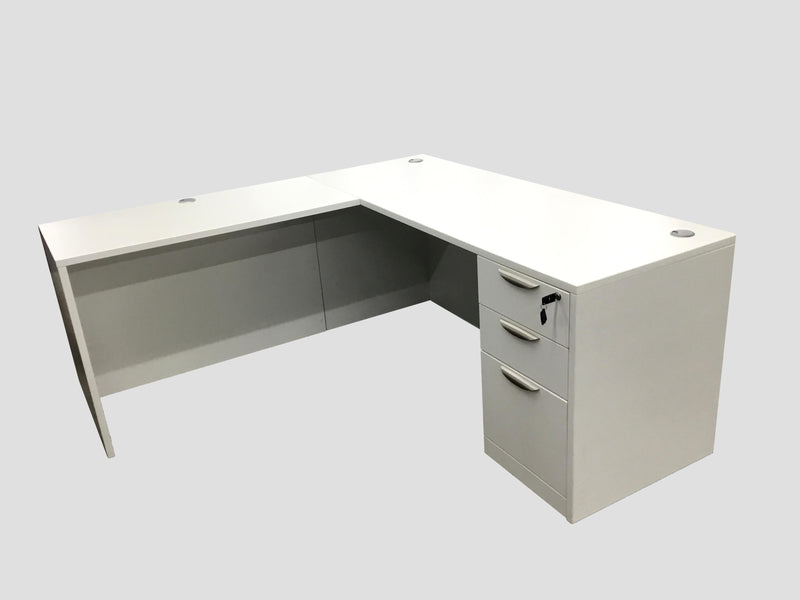 Office Source L-Shape Desk in White Laminate With B/B/F Cabinet - 66" x 66"
