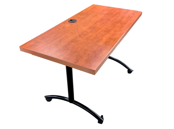 Table in Cherry Laminate on Black Metal Base With Wheels