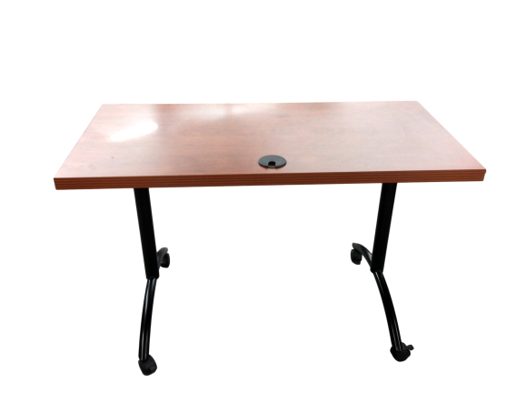 Table in Cherry Laminate on Black Metal Base With Wheels