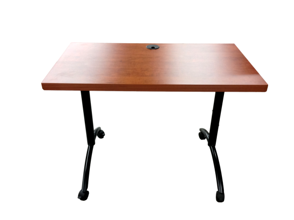 Table in Cherry Laminate on Black Metal Base With Wheels