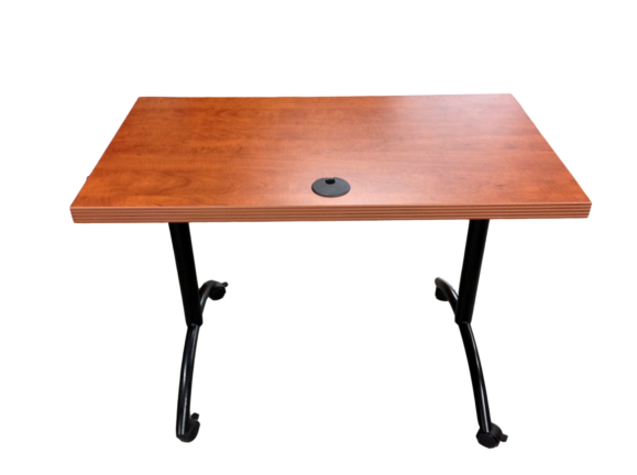 Table in Cherry Laminate on Black Metal Base With Wheels