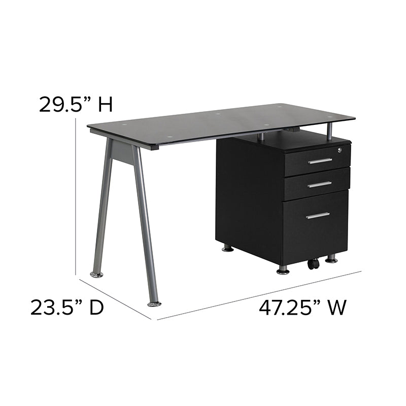 Black Glass Computer Desk with Three Drawer Pedestal - 23 1/2" D x 47 1/4" W
